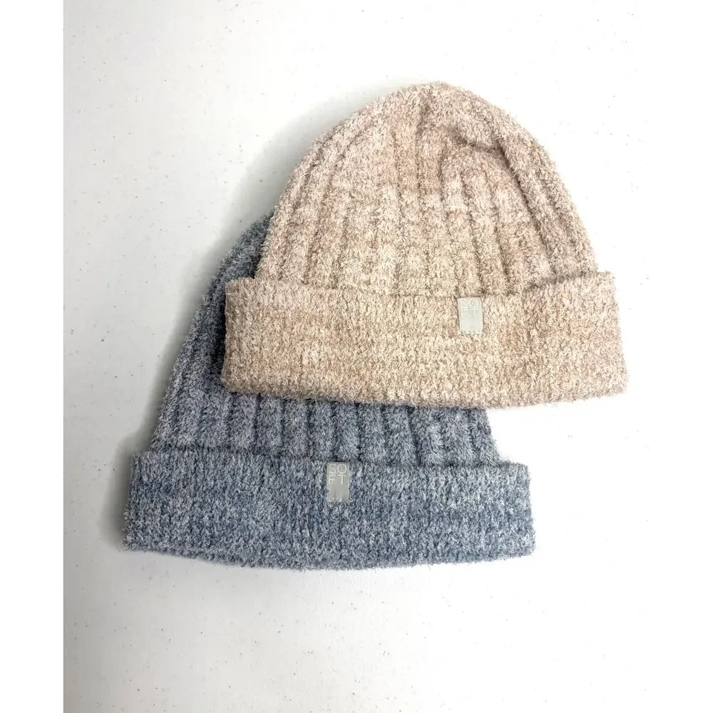 Softies Chunky Rib Marshmallow Beanie Lot of 2 Blue Beige Cozy Cabincore Winter